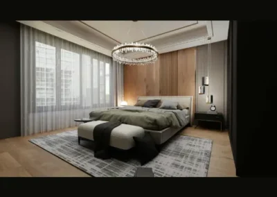 Modern bedroom interior design with cozy lighting, elegant furniture, and soft color tones – Chennai home.