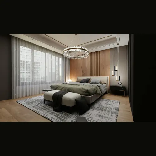 Modern bedroom interior design with cozy lighting, elegant furniture, and soft color tones – Chennai home.