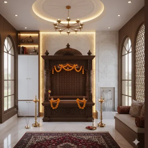 Elegant pooja room interior design with traditional wooden decor and warm lighting – Chennai home.